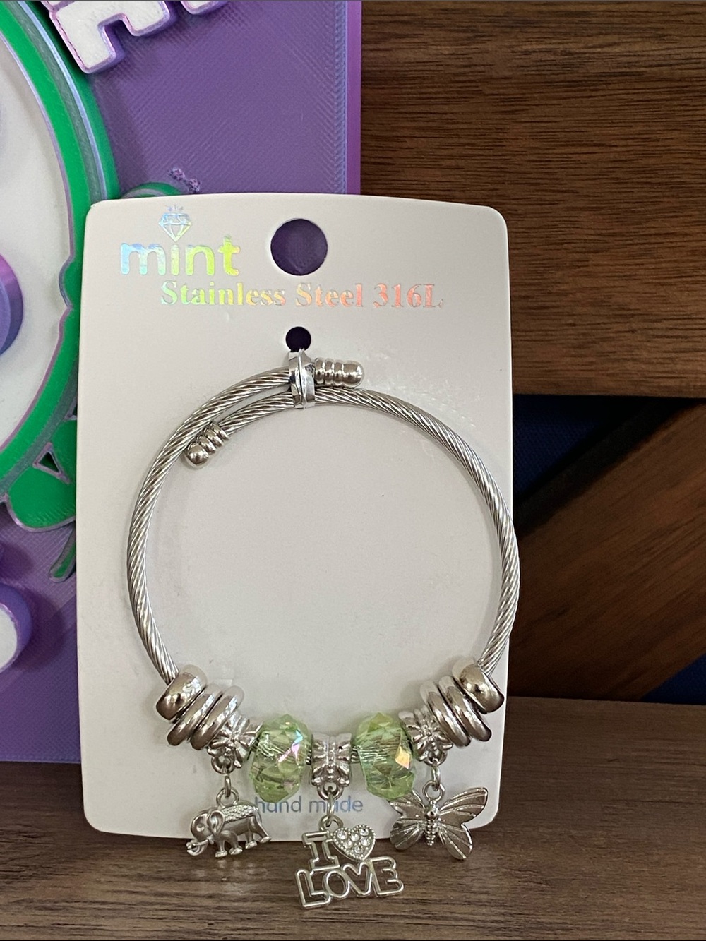 Mint Silver-Tone Charm Bangle with Light Green Faceted Beads
